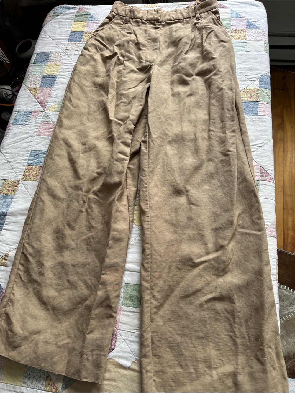 H—Wide-Leg Linen Blend Pants - Tan